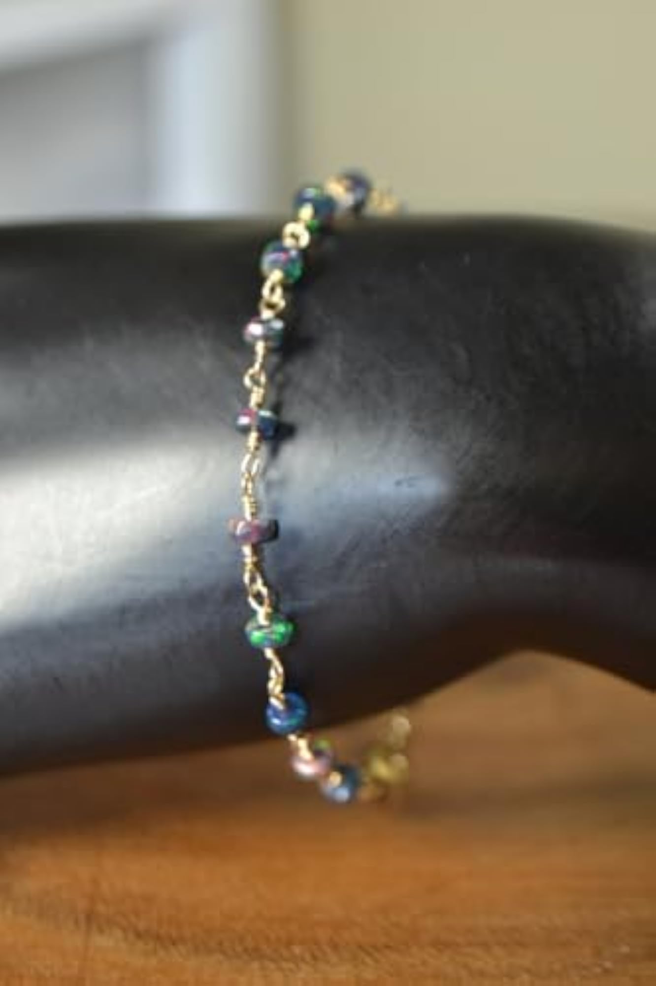 Ethiopian Black Opal Rondelle Beaded Bracelet, Adjustable Link